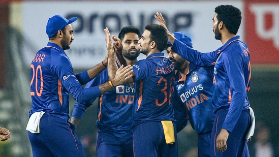 Ranchi: Indian bowler Harshal Patel celebrates with his teammates after dismissing New Zealand batsman Daryl Mitchell during their 2nd Twenty20 cricket match at JSCA International Stadium Complex in Ranchi, Friday, Nov. 19, 2021.(PTI)