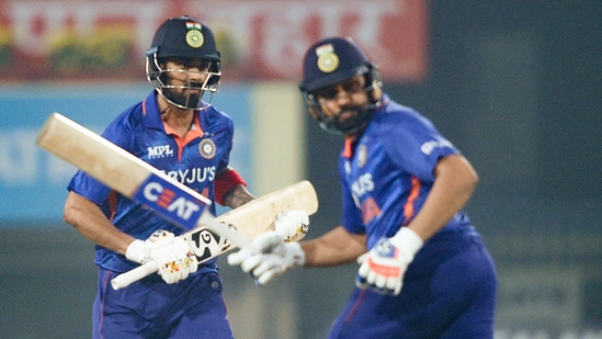 Indian batsman Rohit Sharma and KL Rahul cross each other to complete a run during their 2nd Twenty20 cricket match against New Zealand at JSCA International Stadium Complex in Ranchi, Friday, Nov. 19, 2021.&nbsp;