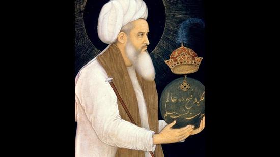 Moinuddin Chishti holding a globe; detail of a miniature from the Minto Album, c 1610-18. (Bichitr via Wikimedia Commons) Moinuddin Chishti holding a globe; detail of a miniature from the Minto Album, c 1610-18. (Bichitr via Wikimedia Commons)