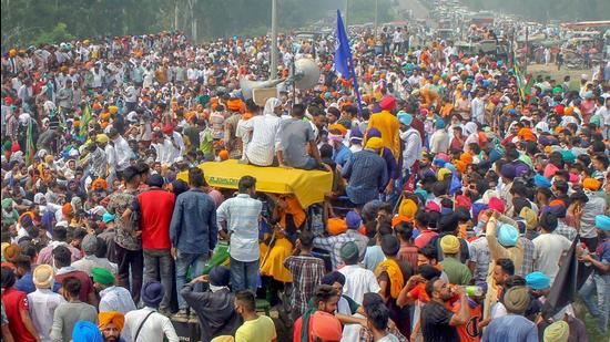 A file photo of farmers protesting over the three farm laws on September 25, 2020 at the Shambu Punjab-Haryana border near Ambala. (PTI/File) A file photo of farmers protesting over the three farm laws on September 25, 2020 at the Shambu Punjab-Haryana border near Ambala. (PTI/File)