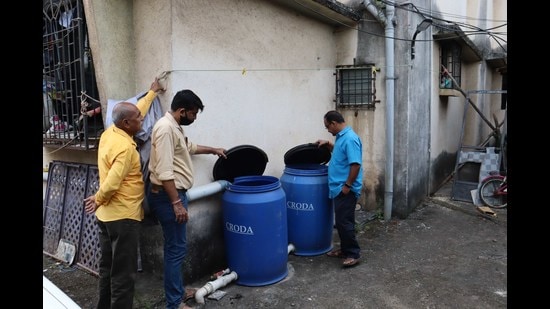 A housing society that has been practicing rainwater harvesting in Kalyan. (RISHIKESH CHOUDHARY/HT PHOTO)