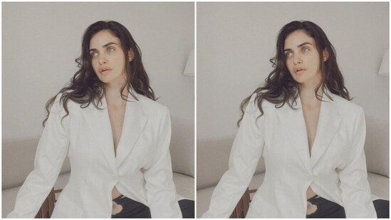Gabriella styled a midriff-baring white blazer with a pair of black trousers.(Instagram/@gabriellademetriades)