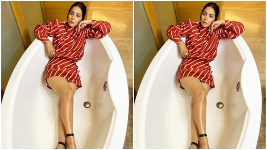 In minimal makeup – nude eyeshadow, mascara-laden eyelashes, drawn eyebrows, contoured cheeks and a shade of nude lipstick – Hina was ready.(Instagram/@realhinakhan)