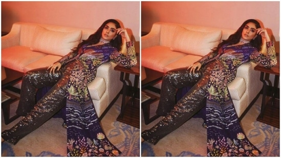Here's another page from Mrunal's promotional diaries. Mrunal decked up in a multicoloured embellished co-ord set from the house of Rahul Mishra.(Instagram/@mrunalthakur)