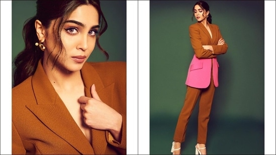 Sharvari Wagh makes workwear look oh-so-hot in <span class='webrupee'>₹</span>27k dark camel, pink pantsuit