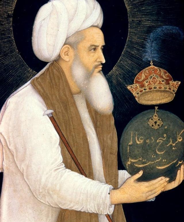 Moinuddin Chishti holding a globe; detail of a miniature from the Minto Album, c 1610-18. (Bichitr via Wikimedia Commons)