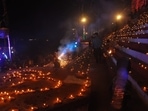 Dev Deepawali is also known as Tripurotsav because on this day, Lord Shiva primarily defeated the asura Tripurasura. On the occasion, the ghats of Varanasi were lit by 12 lakh earthen lamps.(HT Photo/Rajesh Kumar)