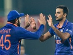 Indian bowler Harshal Patel being greeted by his skipper Rohit Sharma after dismissing New Zealand batsman Glenn Phillips during their 2nd Twenty20 cricket match at JSCA International Stadium Complex in Ranchi, Friday, Nov. 19, 2021. (PTI) Indian bowler Harshal Patel being greeted by his skipper Rohit Sharma after dismissing New Zealand batsman Glenn Phillips during their 2nd Twenty20 cricket match at JSCA International Stadium Complex in Ranchi, Friday, Nov. 19, 2021. (PTI)
