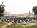 Muslim devotees offer Friday namaz at the Leisure Valley Ground in Gurugram. (Vipin Kumar /HT PHOTO)