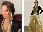 Gauahar layered it with a black velvet jacket that came with an open front and was lined with golden sequins.(Instagram/gauaharkhan)