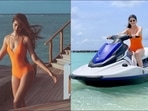 Pooja Hedge or Sanjana Sanghi, who rocked orange monokini better at Maldives?(Instagram/hegdepooja/bornaliicaldeira) Pooja Hedge or Sanjana Sanghi, who rocked orange monokini better at Maldives?(Instagram/hegdepooja/bornaliicaldeira)