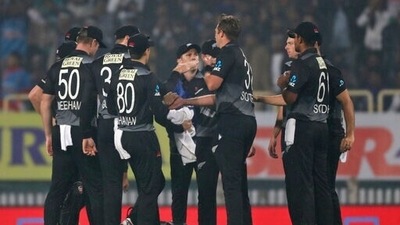 New Zealand's cricketers celebrate the dismissal of India's KL Rahul during the second T20 cricket match between India and New Zealand, in Ranchi, India, Friday, Nov. 19, 2021. (AP) New Zealand's cricketers celebrate the dismissal of India's KL Rahul during the second T20 cricket match between India and New Zealand, in Ranchi, India, Friday, Nov. 19, 2021. (AP)