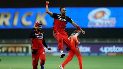 Harshal Patel of Royal Challengers Bangalore celebrates his hattrick (PTI/File Photo) Harshal Patel of Royal Challengers Bangalore celebrates his hattrick (PTI/File Photo)