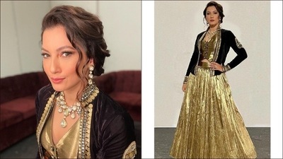 Gauahar layered it with a black velvet jacket that came with an open front and was lined with golden sequins. (Instagram/gauaharkhan)