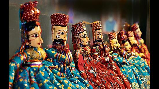 Colourful Rajasthani puppets are available for ₹1500 a pair and make for lovely gifting pieces. (Photo: Gokul VS/HT) Colourful Rajasthani puppets are available for ₹1500 a pair and make for lovely gifting pieces. (Photo: Gokul VS/HT)