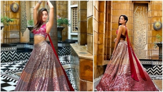Manish Malhotra took to his official social media handle to share these jaw-dropping pictures of the stunning Ananya Panday in a pink sequins lehenga designed and styled by him.(Instagram/@manishmalhotra05)