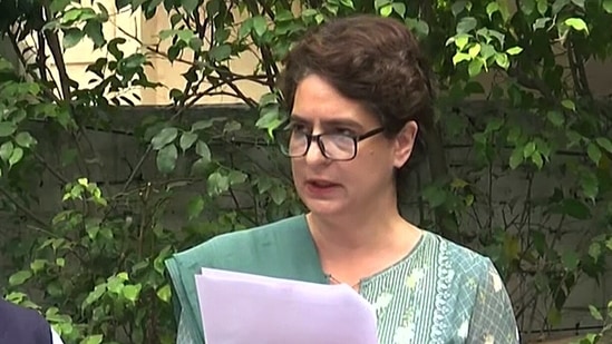 Congress general-secretary Priyanka Gandhi Vadra addresses a press conference over demanding the removal of Union minister of state for home affairs Ajay Mishra.&nbsp;(File Photo / ANI)