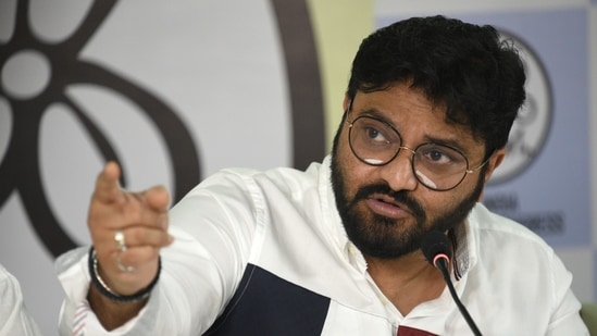 Former BJP leader and Union minister of state Babul Supriyo addresses a press conference after joining the All India Trinamool Congress in Kolkata, on September 19, 2021.&nbsp;(Samir Jana / HT File Photo)