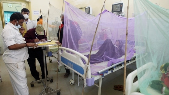 Dengue-infected patients are seen inside a hospital ward in Prayagraj on Thursday.(ANI Photo) Dengue-infected patients are seen inside a hospital ward in Prayagraj on Thursday.(ANI Photo)