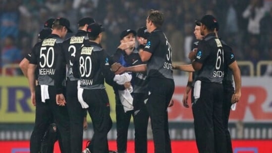New Zealand's cricketers celebrate the dismissal of India's KL Rahul during the second T20 cricket match between India and New Zealand, in Ranchi, India, Friday, Nov. 19, 2021.&nbsp;(AP)