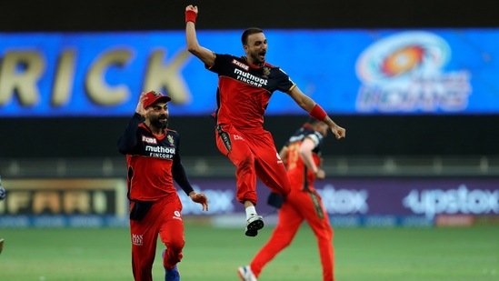 Harshal Patel of Royal Challengers Bangalore celebrates his hattrick&nbsp;(PTI/File Photo)