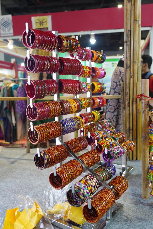 Priced at ₹100 a pair, these lac bangles at the Jharkhand pavilion can instantly uplift any outfit this wedding season. (Photo: Gokul VS/HT) Priced at ₹100 a pair, these lac bangles at the Jharkhand pavilion can instantly uplift any outfit this wedding season. (Photo: Gokul VS/HT)