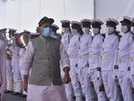 Defence minister Rajnath Singh during the commissioning of INS Visakhapatnam in Mumbai on November 21, 2021. (Anshuman Poyrekar/HT Photo)