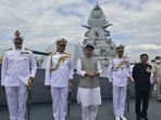 Union defence minister Rajnath Singh (middle) during Naval commissioning ceremony of INS Visakhapatnam. (Anshuman Poyrekar/HT Photo)
