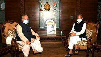 Rajasthan Chief Minister Ashok Gehlot meets state Governor Kalraj Mishraahead of cabinet reshuffle, in Jaipur. (ANI Photo) Rajasthan Chief Minister Ashok Gehlot meets state Governor Kalraj Mishraahead of cabinet reshuffle, in Jaipur. (ANI Photo)