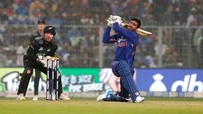 India's Venkatesh Iyer watches the ball after playing a shot during the third Twenty20 cricket match between India and New Zealand in Kolkata, India, Sunday, Nov. 21, 2021. (AP Photo/Bikas Das) (AP) India's Venkatesh Iyer watches the ball after playing a shot during the third Twenty20 cricket match between India and New Zealand in Kolkata, India, Sunday, Nov. 21, 2021. (AP Photo/Bikas Das) (AP)
