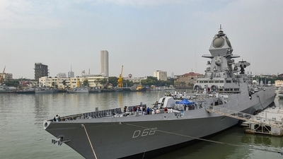 Guided-missile destroyer ship 'Visakhapatnam' anchored at Naval Dockyard ahead of its induction into the Indian Navy. (PTI) Guided-missile destroyer ship 'Visakhapatnam' anchored at Naval Dockyard ahead of its induction into the Indian Navy. (PTI)