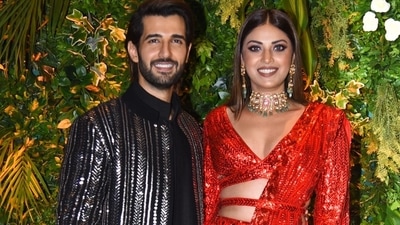 Student of the Year 2 actor Aditya Seal and Wedding Pullav actor Anushka Ranjan posed for the paparazzi ahead of the sangeet. (Varinder Chawla) Student of the Year 2 actor Aditya Seal and Wedding Pullav actor Anushka Ranjan posed for the paparazzi ahead of the sangeet. (Varinder Chawla)
