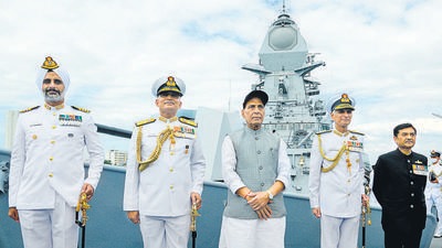 Defence minister Rajnath Singh at the INS Visakhapatnam commissioning ceremony, at Naval Dockyard, in Mumbai on Sunday. Without naming China, he said that “some irresponsible nations” keep twisting definition of sea laws. (ANI) Defence minister Rajnath Singh at the INS Visakhapatnam commissioning ceremony, at Naval Dockyard, in Mumbai on Sunday. Without naming China, he said that “some irresponsible nations” keep twisting definition of sea laws. (ANI)