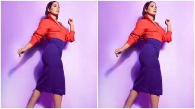 Hina teamed a red shirt with a blue pencil skirt. (Instagram/@realhinakhan) Hina teamed a red shirt with a blue pencil skirt. (Instagram/@realhinakhan)