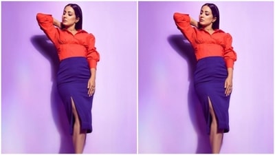 Hina paired it with a knee-length blue pencil skirt with a mid-slit. (Instagram/@realhinakhan) Hina paired it with a knee-length blue pencil skirt with a mid-slit. (Instagram/@realhinakhan)