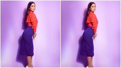Styled by celebrity stylist Shrushti Gupta, Hina opted for a minimal makeup look. In nude eyeshadow, black eyeliner, mascara-laden eyelashes, drawn eyebrows, contoured cheeks and a shade of nude lipstick, Hina was fashion-ready. (Instagram/@realhinakhan) Styled by celebrity stylist Shrushti Gupta, Hina opted for a minimal makeup look. In nude eyeshadow, black eyeliner, mascara-laden eyelashes, drawn eyebrows, contoured cheeks and a shade of nude lipstick, Hina was fashion-ready. (Instagram/@realhinakhan)