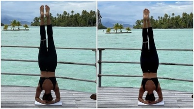 Pooja aces headstand in Bora Bora islands. Husband Nawab has the best compliment (Instagram/@poojabatra) Pooja aces headstand in Bora Bora islands. Husband Nawab has the best compliment (Instagram/@poojabatra)