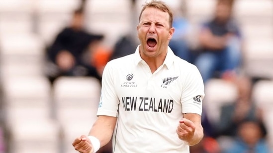 New Zealand's Neil Wagner celebrates after taking the wicket of India's Ajinkya Rahane Action during the WTC final.(Reuters)