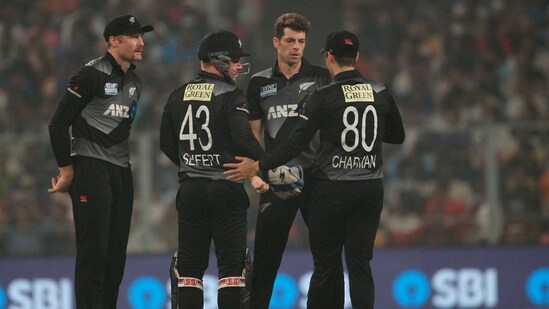 New Zealand's Mitchell Santner celebrates the dismissal during the Third T20 International match between India and New Zealand, at Eden Gardens in Kolkata on Sunday.&nbsp;(ANI)