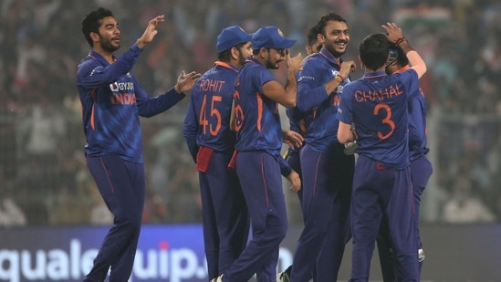 India's Axar Patel celebrates the dismissal of New Zealand's Daryl Mitchell during the Third T20 International match between India and New Zealand, at Eden Gardens in Kolkata on Sunday.(ANI)