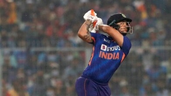 India's Ishan Kishan plays a shot during the third Twenty20 cricket match between India and New Zealand in Kolkata, India, Sunday, Nov. 21, 2021. (AP Photo/Bikas Das)(AP)