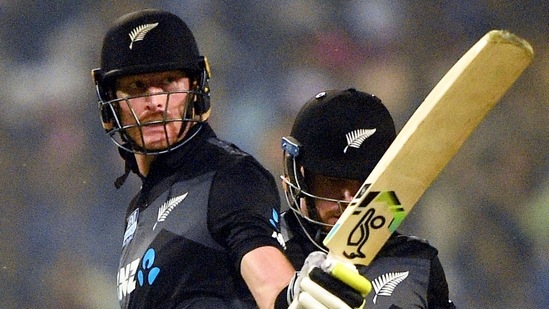 Kolkata: New Zealand batsman Martin Guptill raises his bat after scoring a half-century during their 3rd and final Twenty20 cricket match of the series against India at Eden Garden in Kolkata, Sunday, Nov. 21, 2021. (PTI Photo/Swapan Mahapatra)(PTI11_21_2021_000178B)(PTI)