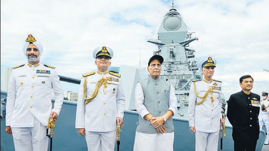 Defence minister Rajnath Singh at the INS Visakhapatnam commissioning ceremony, at Naval Dockyard, in Mumbai on Sunday. Without naming China, he said that “some irresponsible nations” keep twisting definition of sea laws. (ANI) Defence minister Rajnath Singh at the INS Visakhapatnam commissioning ceremony, at Naval Dockyard, in Mumbai on Sunday. Without naming China, he said that “some irresponsible nations” keep twisting definition of sea laws. (ANI)