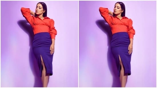 Hina paired it with a knee-length blue pencil skirt with a mid-slit.(Instagram/@realhinakhan)