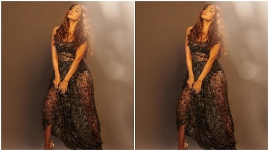 The slip-in dress is intricately embedded with star-shaped details.(Instagram/@manekaharisinghani)