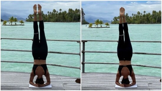 Pooja aces headstand in Bora Bora islands. Husband Nawab has the best compliment(Instagram/@poojabatra)