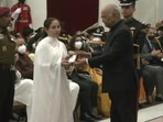 Lance Naik Sandeep Singh's wife Gurpreet Kaur received the award. (ANI Twitter) Lance Naik Sandeep Singh's wife Gurpreet Kaur received the award. (ANI Twitter)
