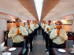 Serving staff on board the Ramayan Express, Monday, Nov. 22, 2021. Railways on Monday changed the uniforms of its serving staff on board the Ramayan Express after seers from Ujjain objected to the saffron attire of waiters on board the train.&nbsp;
