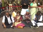 TMC MPs sit on dharna outside MHA over alleged police brutality in Tripura.(ANI)