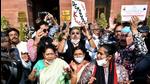 TMC MPs shout slogans during a protest outside the Ministry of Home Affairs over alleged police brutality in Tripura, in New Delhi, on Monday. (ANI) TMC MPs shout slogans during a protest outside the Ministry of Home Affairs over alleged police brutality in Tripura, in New Delhi, on Monday. (ANI)